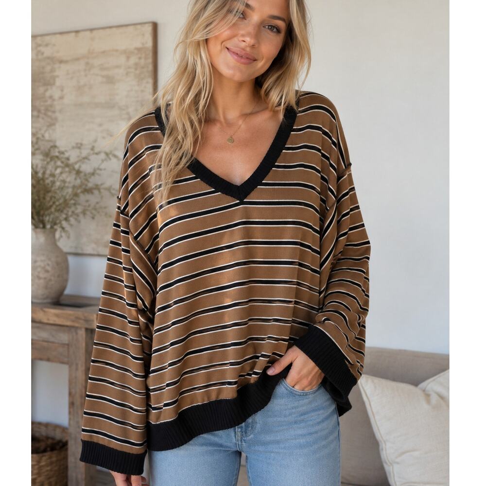 Three Bird Nest Oversized Top Womens XL Taupe Striped Ribbed Knit V-Neck Beachy